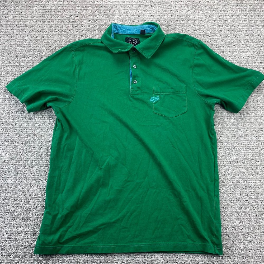 FOX Polo Shirt Men Large L Green Casual Golf Outdoors Buttons Embroidered Logo